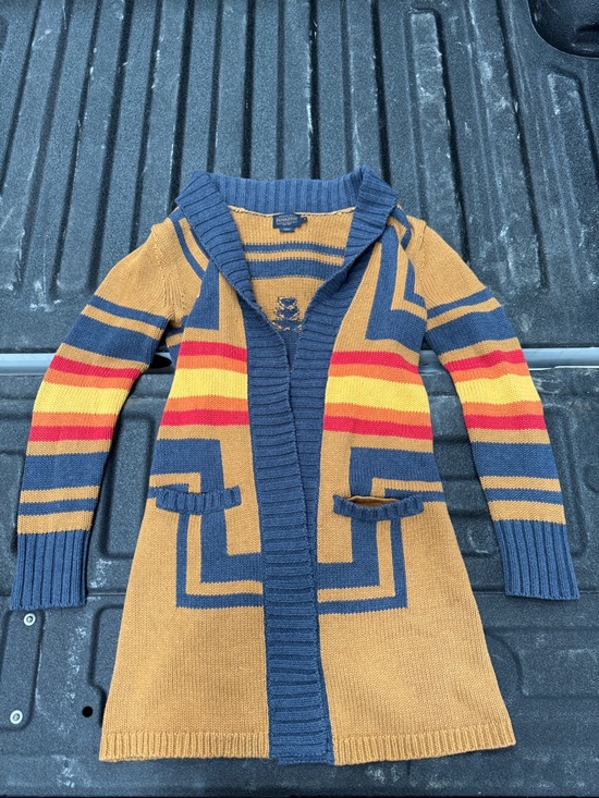Pendleton Sweaters - Pendleton Mustard Yellow Navy Blue Red Striped Shawl Cardigan